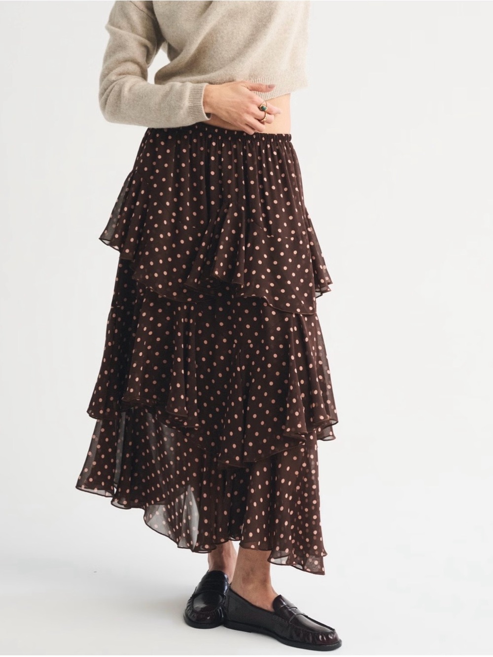 Abercrombie & Fitch Brown Polka Dot Tiered Maxi Skirt